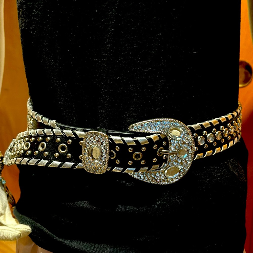 Black and silver crystal studded belt western style